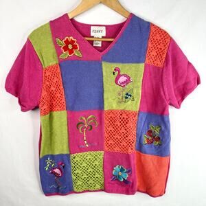 Vintage Jenny Tropical Embroidered Short Sleeve Sweater LG